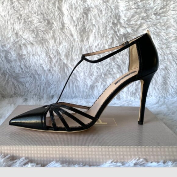 NIB SJP by Sarah Jessica Parker Carrie Black T-Strap Pumps EU 41.5 US 10.5 100mm - Picture 11 of 15